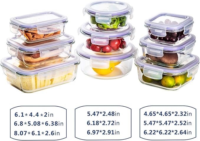 Bayco Glass Storage Containers with Lids, 9 Sets Meal Prep Container Airtight, Glass Food Storage Containers, Container Sets for Food Storage with Lids - (Purple)