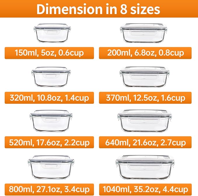 HOMBERKING 8 Pack Glass Food Storage Containers with Lids, Meal Prep Containers, Airtight Bento Boxes with Leak Proof Locking for Microwave, Oven, Freezer and Dishwasher, BPA Free, 5-35oz
