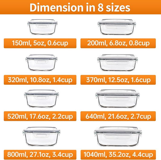 HOMBERKING 8 Pack Glass Food Storage Containers with Lids, Meal Prep Containers, Airtight Bento Boxes with Leak Proof Locking for Microwave, Oven, Freezer and Dishwasher, BPA Free, 5-35oz