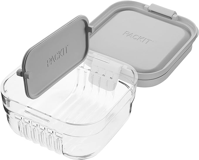 PackIt Mod Snack Bento Food Storage Container, Steel Gray, Shatterproof Crystal Clear Base, with Leak-resistant Dividers and Lid, Microwavable, Dishwasher Safe, Perfect for Snacks