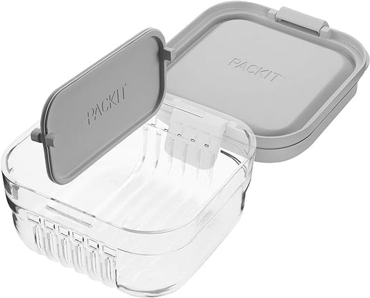 PackIt Mod Snack Bento Food Storage Container, Steel Gray, Shatterproof Crystal Clear Base, with Leak-resistant Dividers and Lid, Microwavable, Dishwasher Safe, Perfect for Snacks