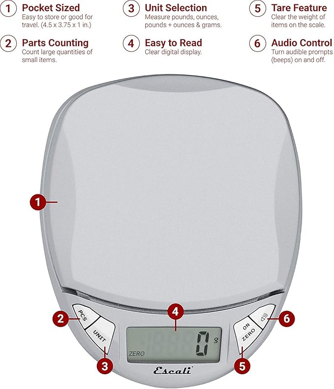 Escali Pico N115S Kitchen, Office Scale, Tare Functionality, Compact Design, LCD Digital Display, 11lb Capacity, Silver/Grey
