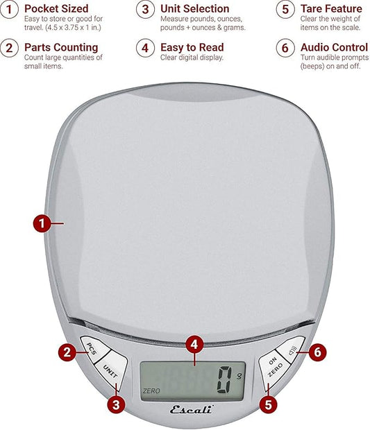 Escali Pico N115S Kitchen, Office Scale, Tare Functionality, Compact Design, LCD Digital Display, 11lb Capacity, Silver/Grey