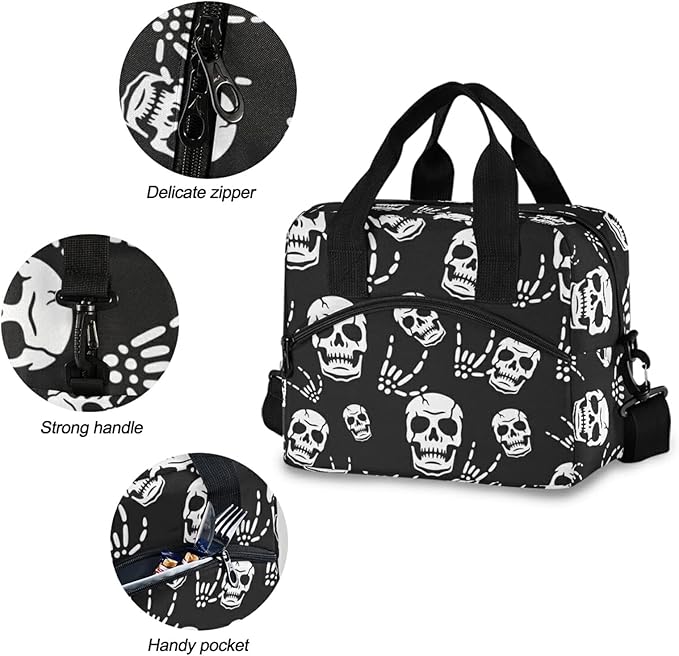 Gothic Skeleton Insulated Lunch Bag Reusable Lunch Tote Bag Cooler Bag for Women Men Adult Lunch Box with Adjustable Shoulder Strap Leakproof Lunch Bag for Work School Picnic Camping