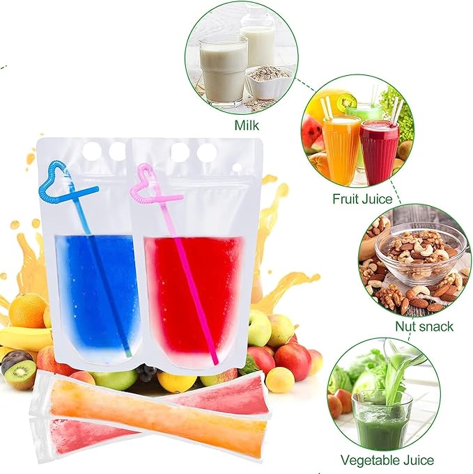 100Pcs double zip pouches drink Bags with 100 Straws,&30 Popsicle Bags Heavy-duty Handheld Foldable Ice Beverage Bags for Smoothies, Cold & Hot Drinks