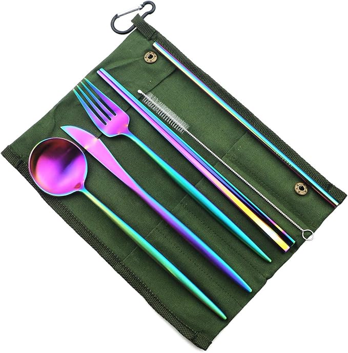 Reusable Travel Utensils, 7 Piece Portable 304 Stainless Steel including Knife Fork Spoon Chopsticks Cleaning Brush Straws Portable Pouch, Eco-friendly Camping Silverware Set, Dishwasher Safe