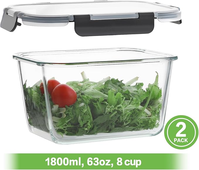 HOMBERKING 4 Pieces 63oz/8cup Large Glass Food Storage Containers with Lids, Meal Prep Containers, Airtight Bento Boxes with Leak Proof Locking (2 Containers + 2 Lids) - Microwave, Oven Safe