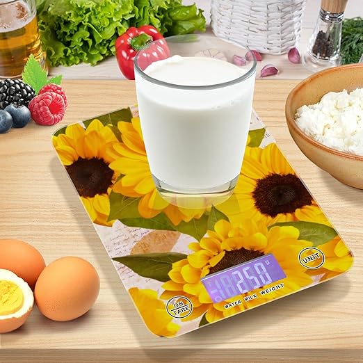 Food Scale Kitchen Digital Scale Food Ounces and Grams Dieting Baking Cooking Waterproof Glass Panels LCD Display,4 Units Scale Tare Function Sunflower