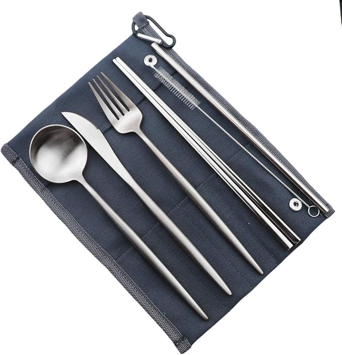 Reusable Travel Utensils, 7 Pieces Portable 18/10 Stainless Steel include Knife Fork Spoon Chopsticks Cleaning Brush Straws Portable Pouch, Eco-friendly Camping Silverware Set, Dishwasher Safe