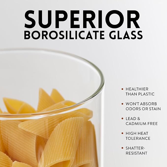 Glass Spaghetti Containers with Airtight Silicone Lids – BPA-Free Pantry Storage Jars for Pasta, Rice, Flour, and Dry Foods – Set of 3 with Portion Tool