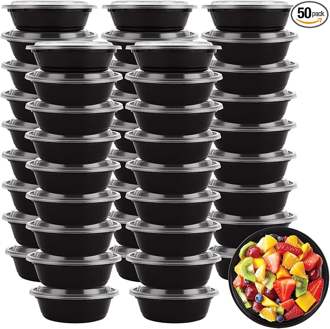 50 Pack 24 oz / 700 ml Meal Prep Containers with Lids, Plastic Thick Food Storage Containers, Round Meal Prep Bowl, BPA-Free, Freezer & Dishwasher Safe-Black