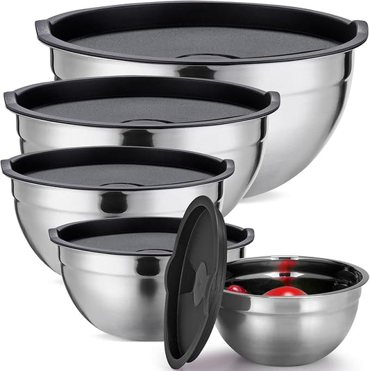 Mixing Bowls Set of 5,Stainless steel Nesting Bowls with Airtight Lids,Size 5, 4, 3.5, 2, 1.5QT for Baking,Cooking,Prepping and Saving Food (BLACK, 5PCS)