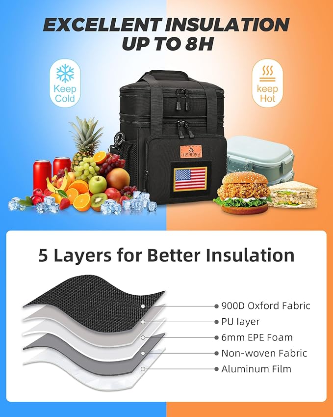 HSHRISH Expandable Tactical Lunch Box, Double Deck Large Insulated Lunch Bag for Men, Durable Leakproof Cooler Bag for Adult Work Shift Outdoor Trips, 20 Can/16 L, Black