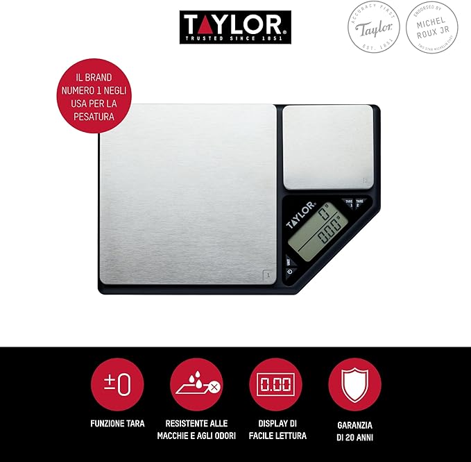 Taylor KitchenCraft Digital Kitchen Scale Dual Platform, Pro Professional Standard, Precision Accuracy and Tare Function, Brushed Stainless Steel, 5kg Capacity Black/Silver