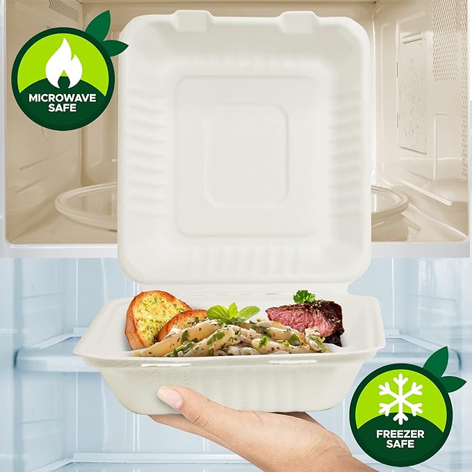 PAMI 100% Compostable [8''X8 50-Pack] Clamshell Take Out Food Containers Heavy-Duty Quality to go Containers, Natural Disposable Bagasse, Eco-Friendly Biodegradable Made of Sugar Cane Fibers