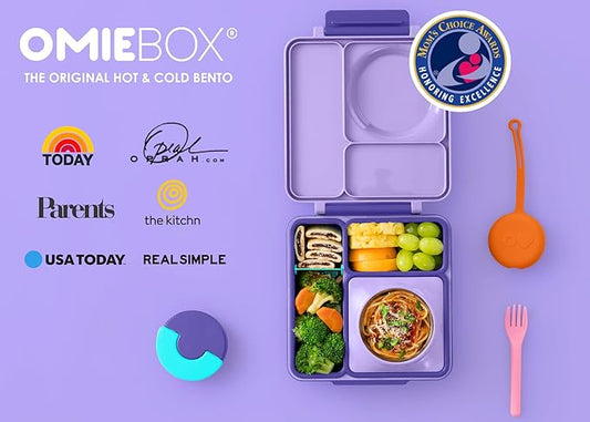 OmieBox Bento Box for Kids - Insulated Bento Lunch Box with Leak Proof Thermos Food Jar - 3 Compartments, Two Temperature Zones - (Purple Plum) (Single)