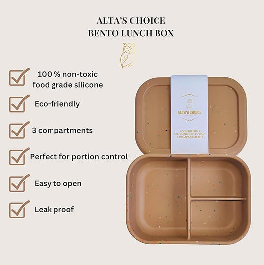 ALTA'S CHOICE SILICONE BENTO LUNCH BOX (BROWN) Leak-Proof Lunchbox, 3 Compartments. BPA, Phthalate, Lead, & PVC Free. Bento Lunch Box for Kids and Adults. Microwave, Dishwasher Safe, Reusable.