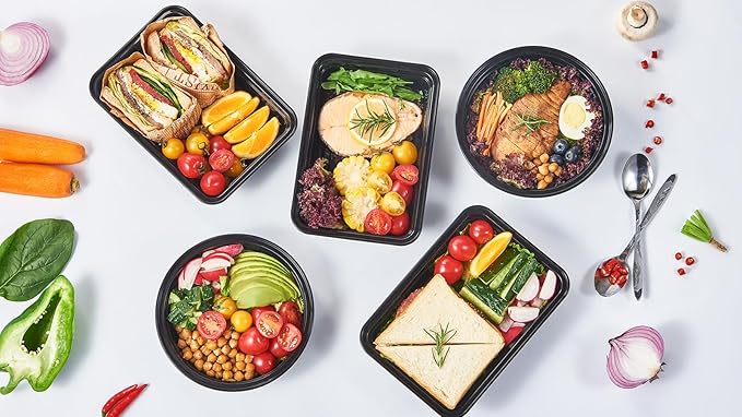 32 oz 150Pack Plastic Meal Prep Food Storage Containers with Lids Reusable 1 Compartment To Go Black Extra Large &Thick Microwave Freezer Dishwasher Safe BPA Free Stackable (Formerly FULING)