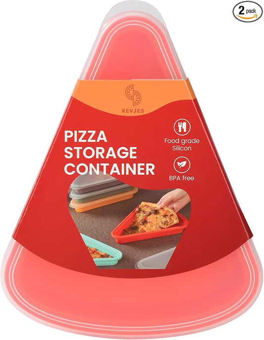 2-Pack Reusable Silicone Leftover Pizza Slice Storage Container with Air-tight Lids-BPA Free,Fits Single Slice up to 16”,Save Space,Refrigerator organizer(2 Red)