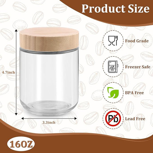 Glass jar with Bamboo lids 2 Set, 16oz overnight oats containers with lids, Glass Mason jars, Reusable Meal Prep Jars with Airtight Lids for Food Yogurt Snacks Storage