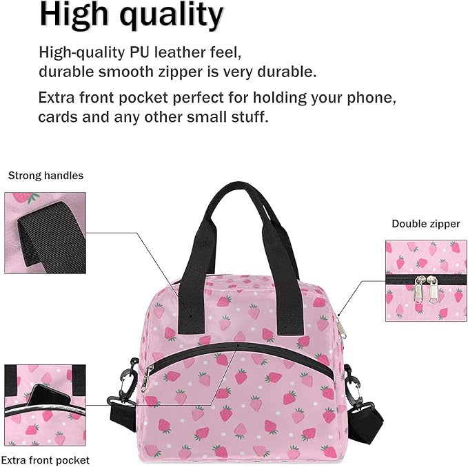 Pardick Pink Strawberry Insulated Lunch Bag Polka Dot Lunch Box for Women Girl with Shoulder Strap Tote Bag Reusable Large Containers Meal Prep for School Work Travel Picnic Thermal Cooler Bag