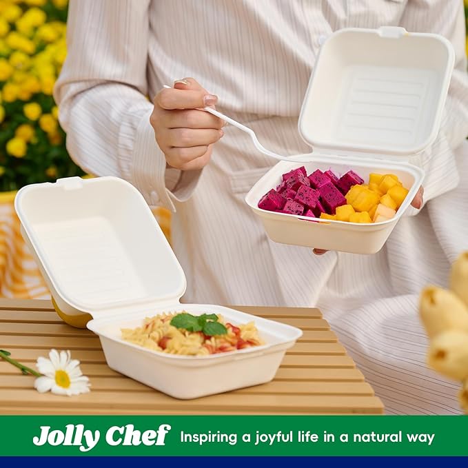 JOLLY CHEF Clamshell To Go Containers, 6" x 6" 200-Pack, Sugarcane To Go Boxes for Salad, Lunch
