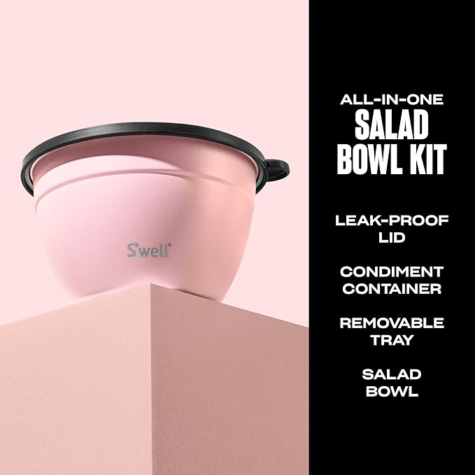 S'well Stainless Steel Salad Bowl Kit 64oz, Pink Topaz, Comes with 2oz Mini Canister and Removable Tray for Organization, Leakproof, Easy to Clean, Dishwasher Safe