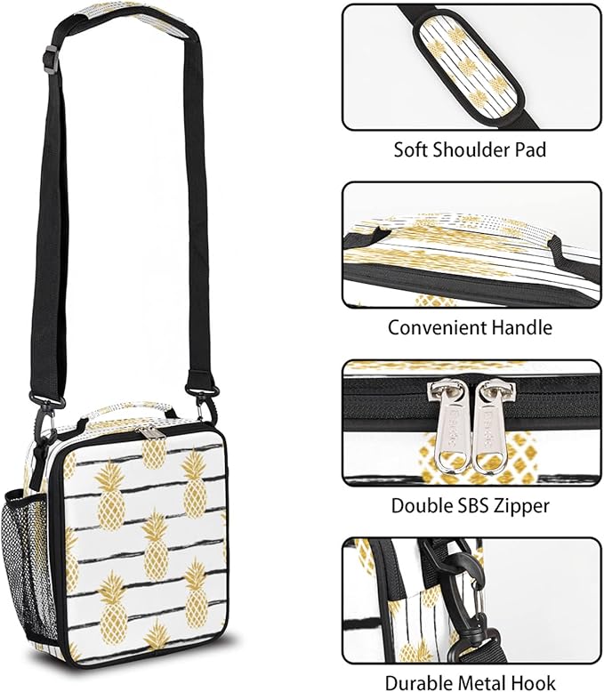 Golden Pineapple Kids Lunch Box Stripe Insulated Lunch Bag Tote for Girls Boys Cooler Freezable Meal Prep Bag with Shoulder Strap Waterproof Lunch Container for School Office Picnic