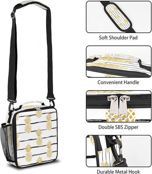 Golden Pineapple Kids Lunch Box Stripe Insulated Lunch Bag Tote for Girls Boys Cooler Freezable Meal Prep Bag with Shoulder Strap Waterproof Lunch Container for School Office Picnic