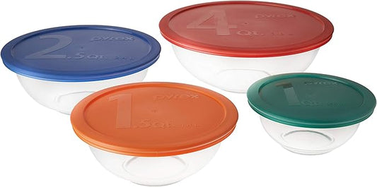 Pyrex Smart Essentials Mixing Bowl Set Including Locking Lids (Clear), 8 piece,5 quarts