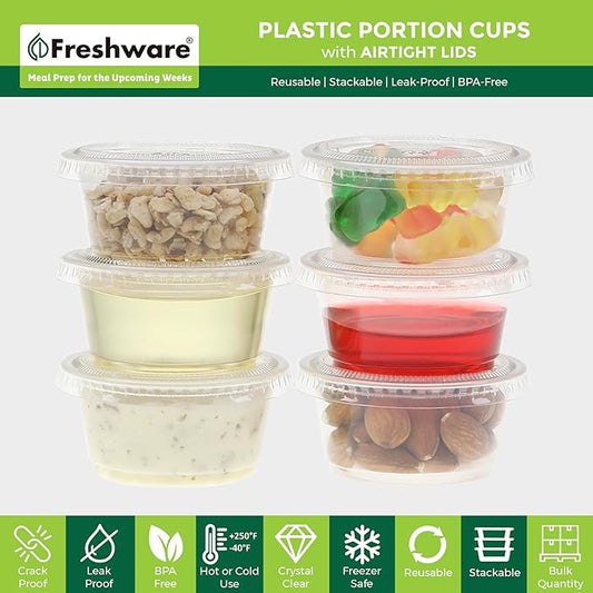 Freshware Plastic Portion Cups with Lids [2 Ounce, 100 Set] Disposable Plastic Cups for Meal Prep, Salad Dressing, Jellos Shot Cups, Souffle Cups, Condiment and Dipping Sauce Cups