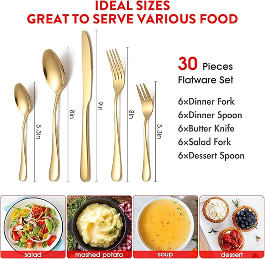 Gold Silverware Set, 30 Pieces Stainless Steel Gold Flatware Set, Kitchen Cutlery Tableware Service Set for 6, Color Utensil Sets for Home Restaurant and Party