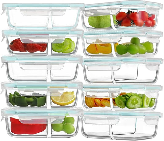 HOMBERKING 10 Pack 24oz Glass Meal Prep Containers 2 Compartment, Glass Food Storage Containers with Lids, Airtight Glass Lunch Bento Boxes, BPA-Free & Leak Proof (10 lids & 10 Containers) - Blue
