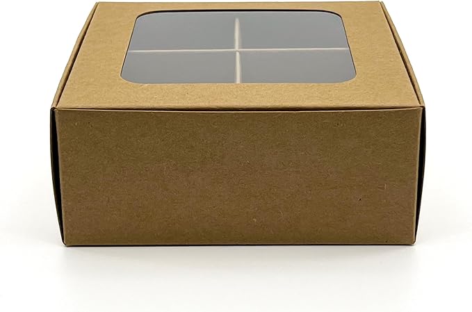 Treat boxes with window and dividers | 4 SMALL compartments | 4.5 x 4.5 x 1.9 in | Chocolate covered strawberries supplies, macaron boxes, baked goods packaging | 20-pack (Kraft)