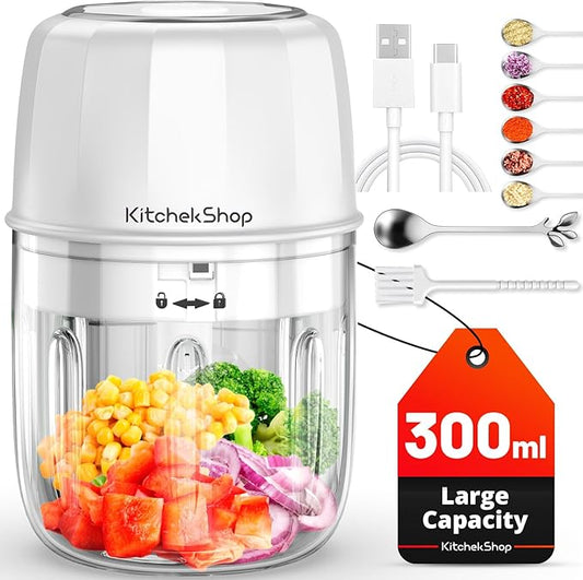 Electric Garlic Chopper, 300ML Portable Cordless Mini Food Processor, Rechargeable Vegetable Chopper Blender for Nuts Chili Onion Minced Meat and Spices BPA-Free(White)