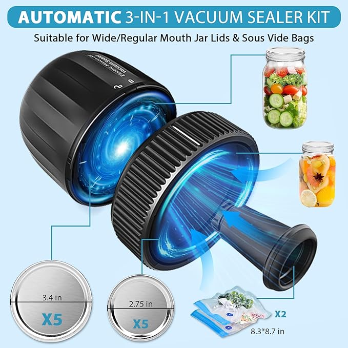 Yoobao Mason Jar Vacuum Sealer Kit - Auto Stop 3 in 1 Electric Mason Jar Sealer for Jars with Regular & Wide Mouth and Sous Vide Bags, Portable Canning Sealing Machine for Food Storage