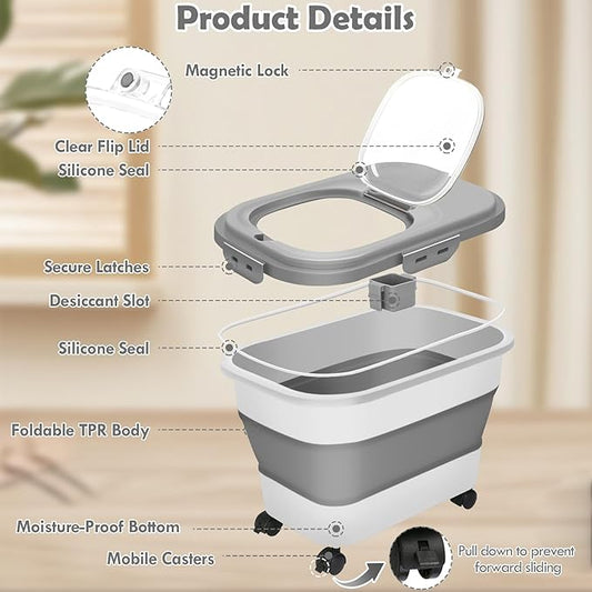Rice Storage Container, 20Lbs Flour Container, Airtight Large Pet Dog Cat Food Storage Dispenser Bin with Wheels, Scoop & Measuring Cup, Collapsible Kitchen Dry Food Holder for Rice Cereal Kibble