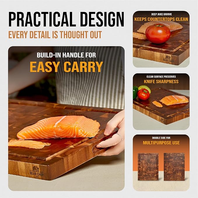 Bearchop Acacia Wood Cutting Boards for Kitchen, [20"x15"x1.25"] Large End Grain Cutting Boards, Solid Wood Butcher Block Cutting Board with Juice Grooves and Handle, Knife Friendly, Reversible