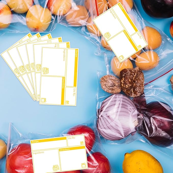 100pcs Labels for Freezer Bags Freezer Meal Labels with Instructions 3.2 X 5 inch Oil and Water Resistant Labels Food Labels for Freezer Storage for Leftovers in Fridge Removable Freezer (Yellow)