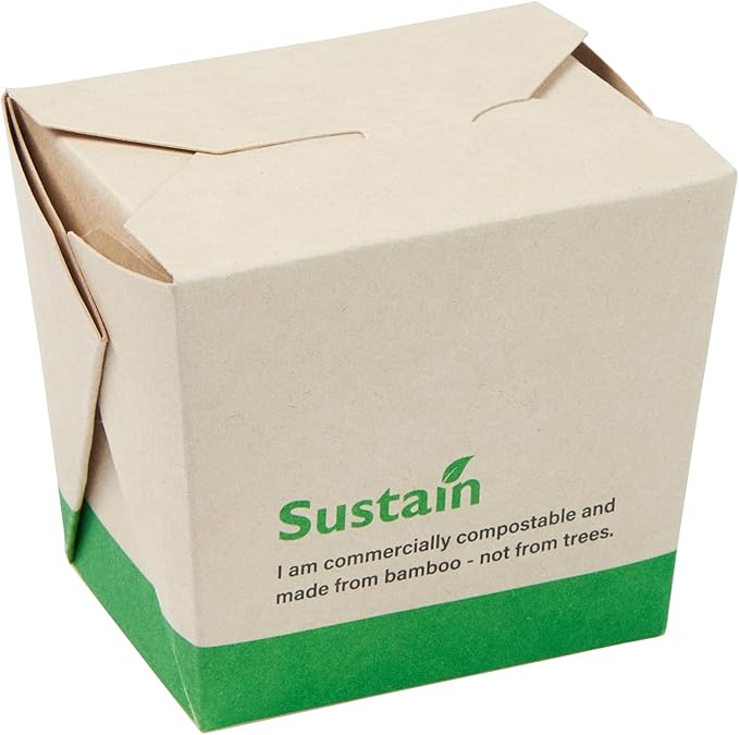 Restaurantware Sustain 8 Ounce Sturdy Paper Take Out Boxes, 200 Disposable Take Out Food Containers - With PLA lining, Compostable, Bamboo Paper Containers, Built-In Tab-Lock Cover, Greaseproof
