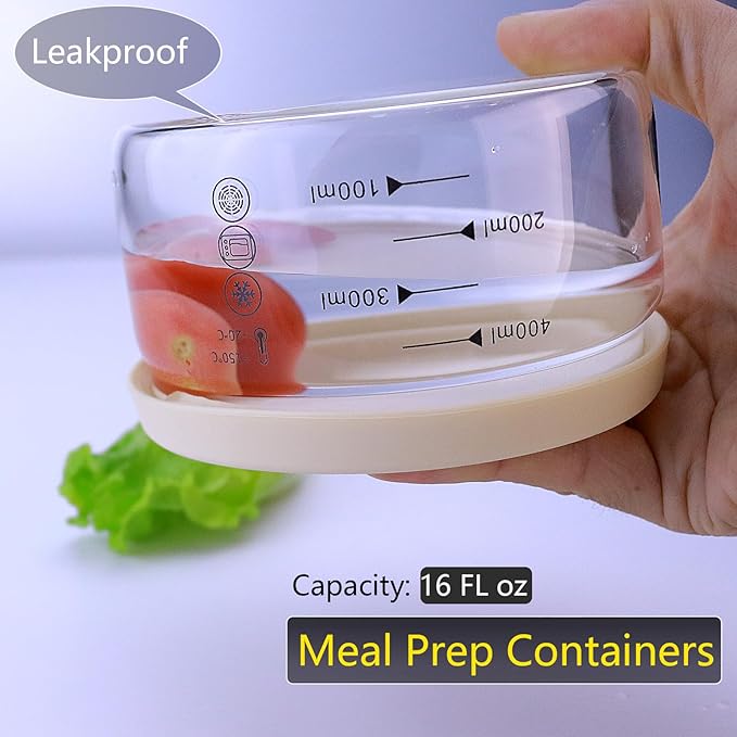 16 oz Glass Container with Silicone Lid,Glass Food Storage Container-Clear,Meal Prep Containers, Glass Freeze Bowls, Microwave Safe (2pcs)