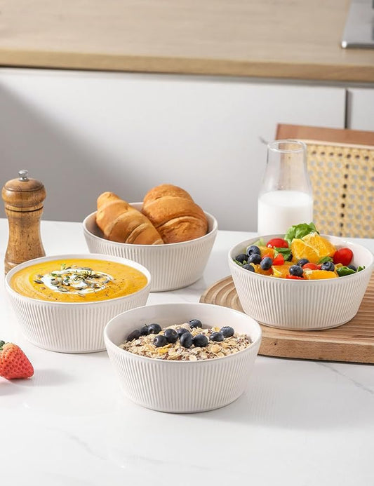 UBEE Ceramic Soup Bowls Set of 4, 6.3 inch Cereal Bowls, Microwave Safe Serving Bowls for Oatmeal, Soup, Pasta, Ramen, Dessert, Fruit, For Breakfast, Lunch and Dinner, White