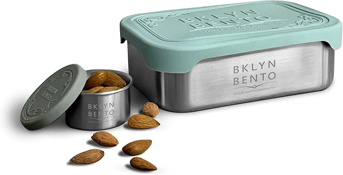 Stainless Steel Food Container & Condiment Holder | Leak Proof Silicone Lid | Metal Lunch Box | Bento Box | Portion Control Snacks Dressings [2 PCS Set/Green]