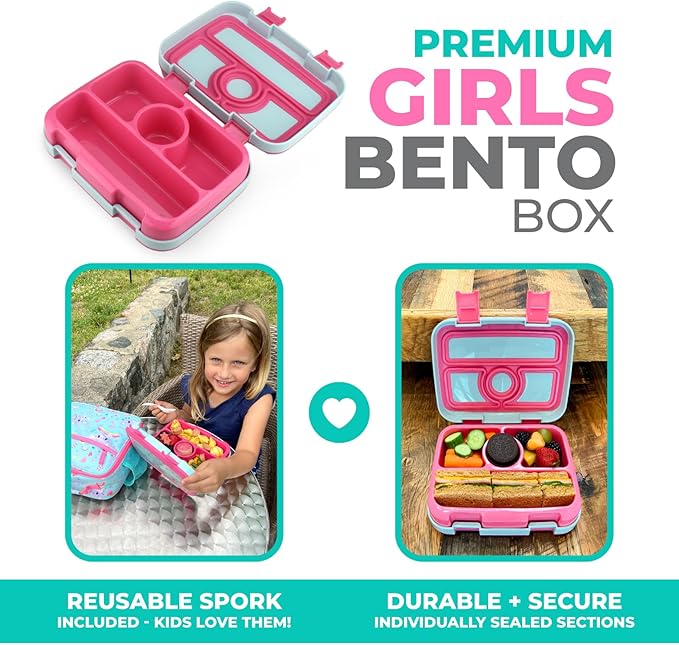 kinsho Bento Lunch Box for Kids Toddlers Girls, 4 Portion Sections Secure Lid, Microwave Safe BPA Free Removable Tray, Pre-School Kid Daycare Lunches Snack Container Ages 3 to 5, Pink Koala