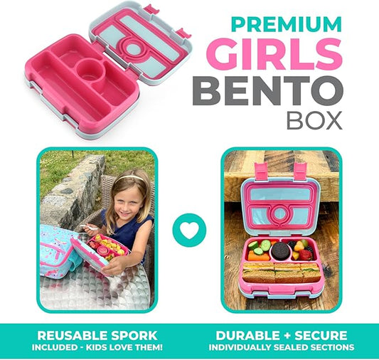 kinsho Bento Lunch Box for Kids Toddlers Girls, 4 Portion Sections Secure Lid, Microwave Safe BPA Free Removable Tray, Pre-School Kid Daycare Lunches Snack Container Ages 3 to 5, Pink Koala