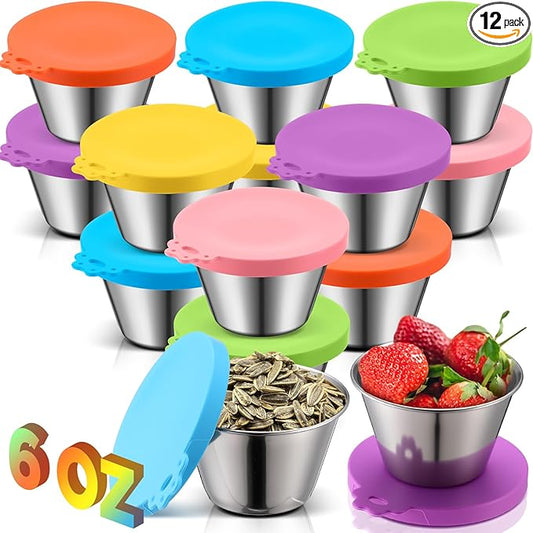 12 Pack 6 oz Stainless Steel Snack Containers with Silicone Lids Leak Proof Metal Snack Containers Stackable Lunch Box Food Storage for Daycare Travel Picnic