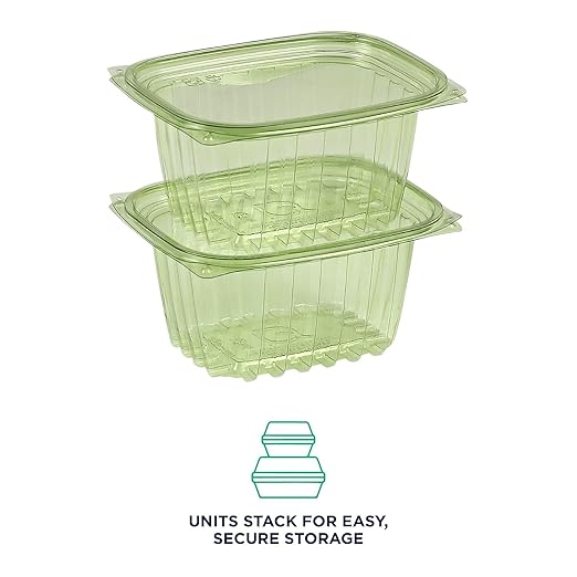 ECO PRODUCTS Compostable 16oz Rectangular Deli Containers With Lids, Pack of 100, Veridian Clear Green Meal Prep, Made from PLA, A Renewable Material Made from Plants, One Lid Fits All