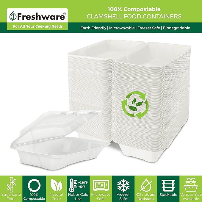 Freshware Compostable Clamshell Food Containers [9x6" 50-Pack] Disposable To Go Containers, Biodegradable Sugarcane To Go Boxes - Heavy Duty Paper Containers - Microwave & Freezer Safe, Stackable