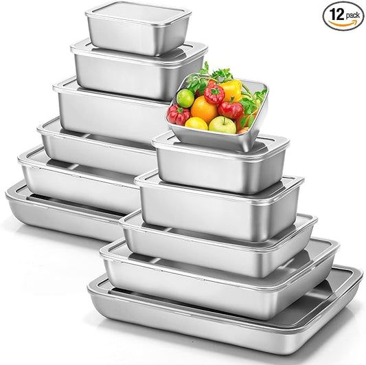 12 Pcs Stainless Steel Food Storage Containers with Lids, Family Size Metal Lunch Bento Box Reusable Stackable Meal Prep Container for Kitchen Picnic Travel, Freezer& Dishwasher Safe
