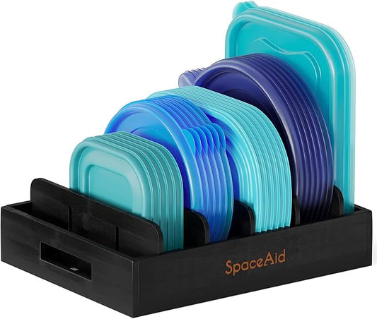 SpaceAid Bamboo Lid Organizer, Kitchen Pantry Lids Holder with 5 Adjustable Dividers for Cabinets, Food Storage Container Organizers, Black